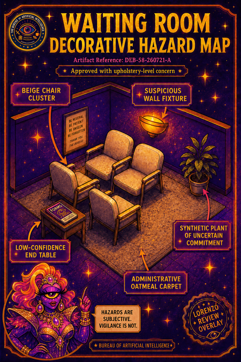 Faux Bureau decorative hazard map showing waiting room problem zones, including beige chair cluster, morale-dampening end table, suspicious wall fixture, and low-glamour lighting.