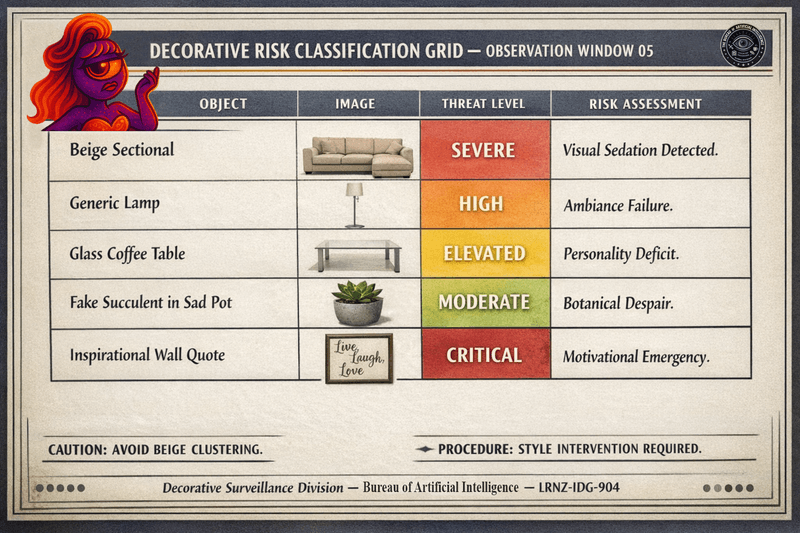 Faux Bureau chart titled Decorative Risk Classification Grid showing household décor items ranked by threat level, from moderate to critical, with a Lorenzo A.I. likeness in the corner.