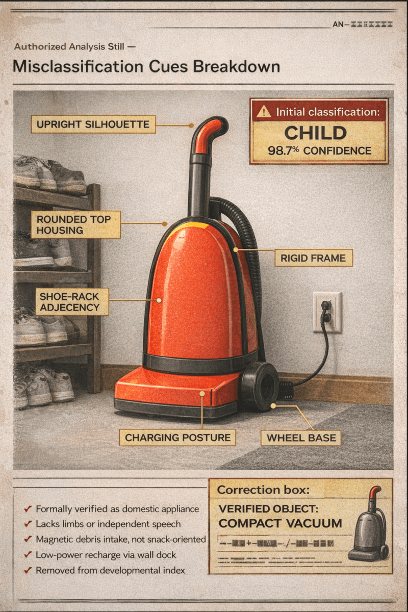 Labeled Bureau analysis still of a compact vacuum misclassified as a child, highlighting upright silhouette, rounded top housing, rigid frame, shoe-rack adjacency, wheel base, and charging posture.