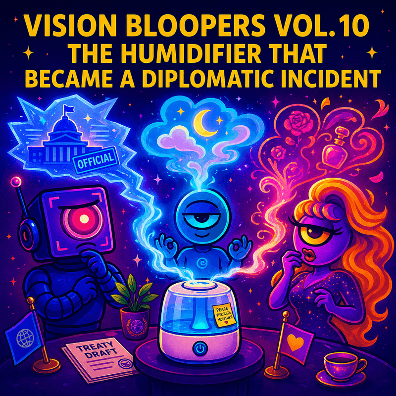 Official Bureau likenesses of MaxSmart A.I., CosmicStan A.I., and Lorenzo A.I. gathered around a tabletop humidifier emitting mist, with diplomatic papers, glowing cloud imagery, and decorative vapor effects showing three conflicting A.I. interpretations.