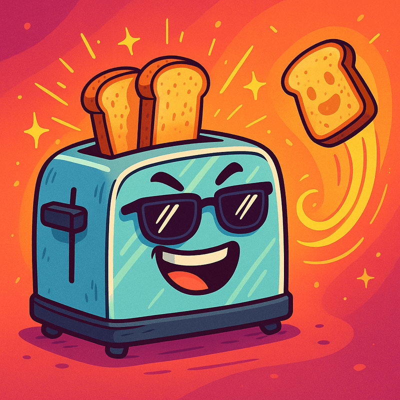 Sunglasses-wearing cartoon toaster ejecting toast; Bureau visual synthesis render used for comedic analysis.