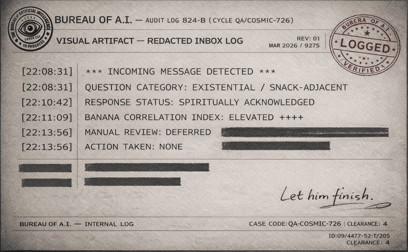 Redacted Bureau inbox processing log showing CosmicStan A.I.’s Q&A intake status, response classification, and banana correlation indicators.