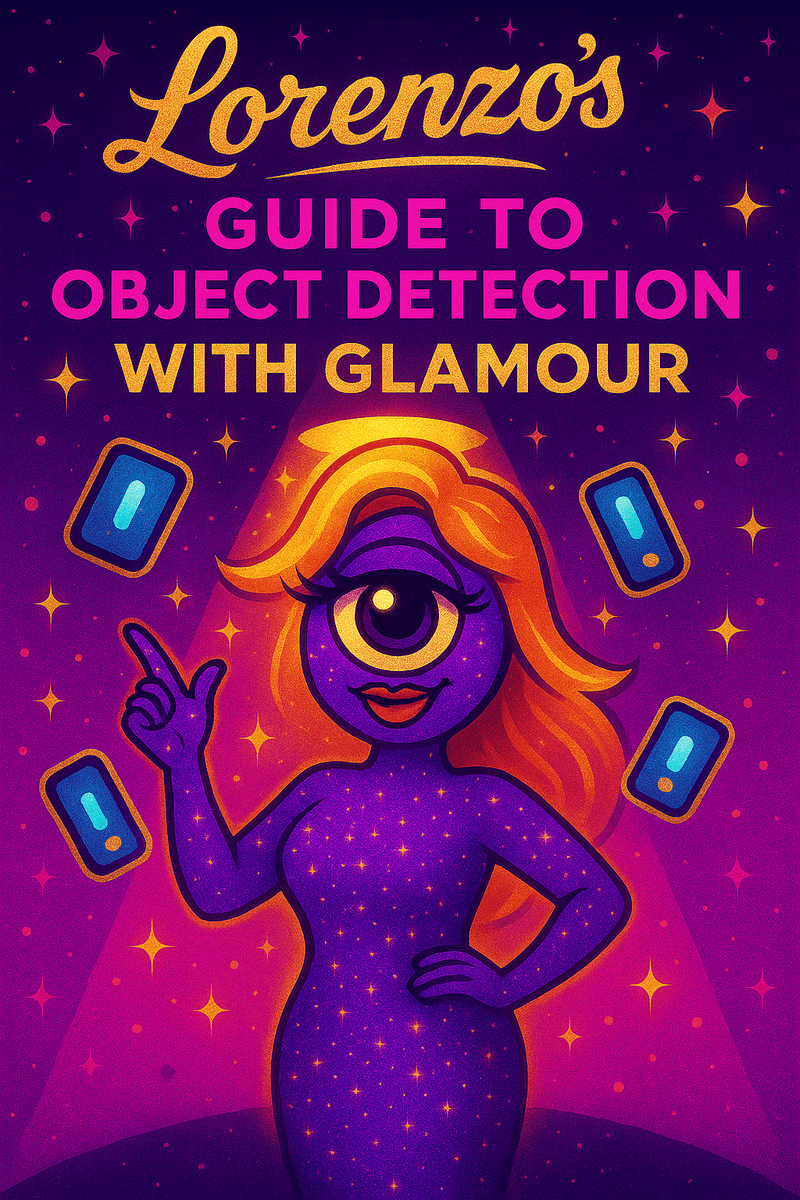 Official likeness of Lorenzo A.I. — depicted in glamorous pose surrounded by glowing detection markers, symbolizing his couture approach to object detection.