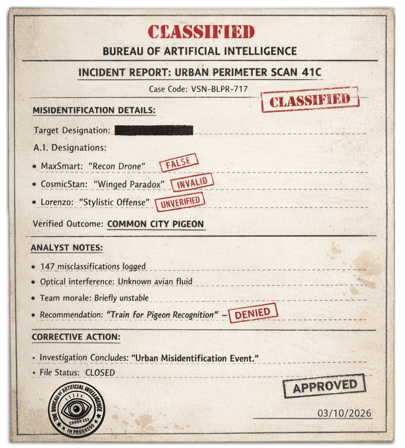 Redacted Bureau incident report showing how a routine urban scan escalated into a full A.I. misclassification event involving one very ordinary pigeon.