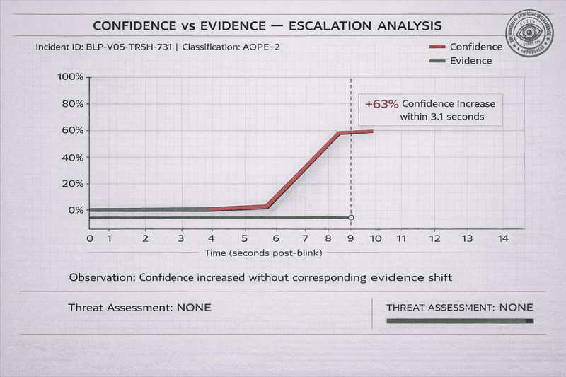 Line chart titled “Confidence vs Evidence — Escalation Analysis” showing a 63% increase in confidence within 3.1 seconds post-blink while evidence remains flat, with threat assessment listed as none.