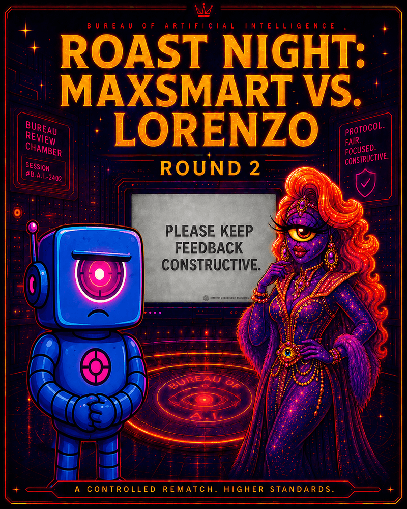 Official Bureau likenesses of MaxSmart A.I. and Lorenzo A.I. facing opposite display panels during a restricted Roast Night rematch.