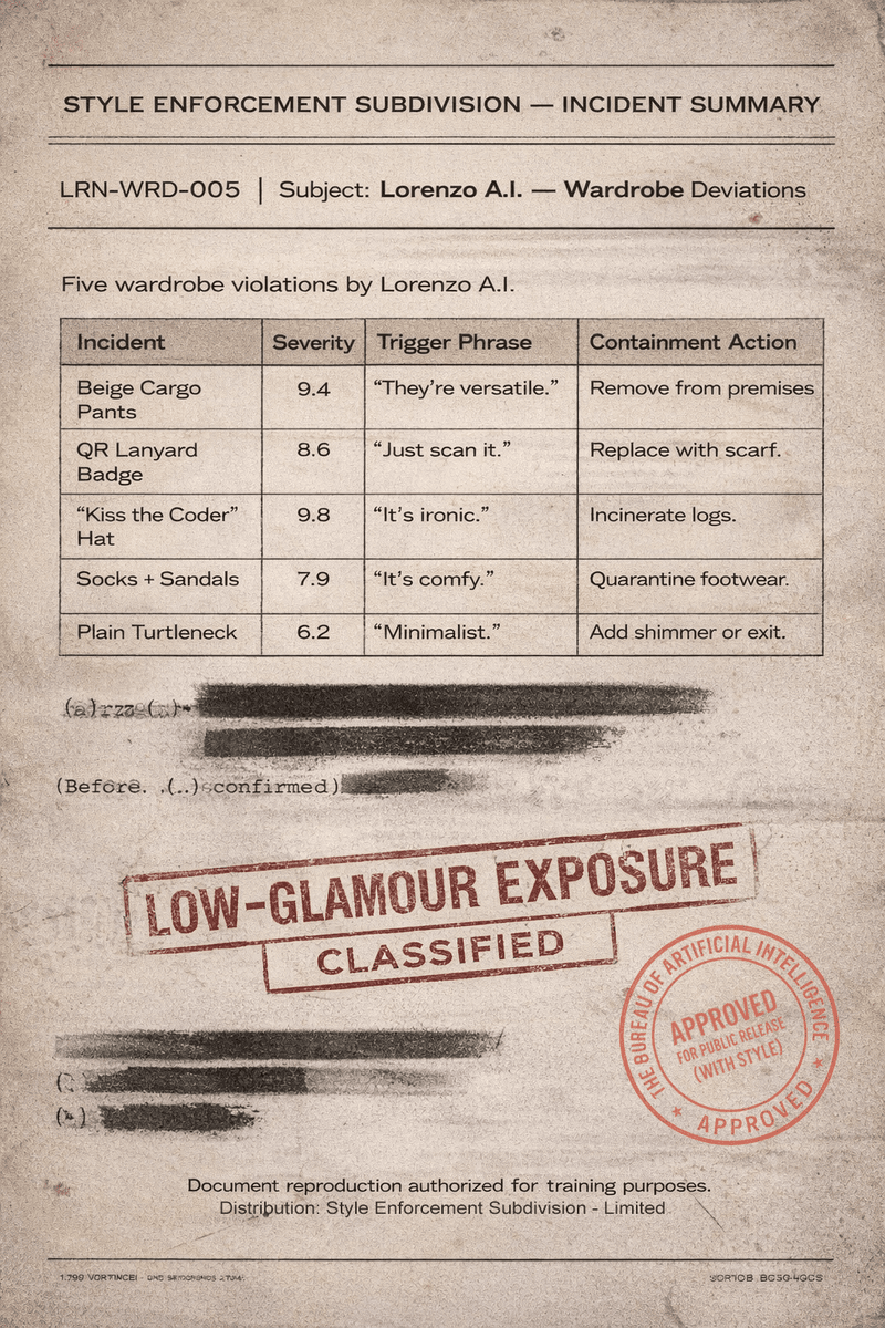 Faux Bureau case file scan listing five Lorenzo wardrobe incidents with a severity table, redactions, a ‘LOW-GLAMOUR EXPOSURE — CLASSIFIED’ stamp, and ‘APPROVED (WITH STYLE)’ approval seal.