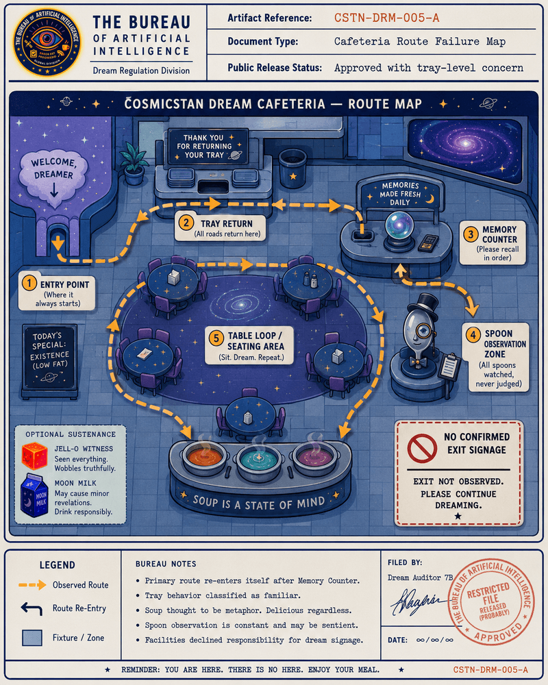 Faux Bureau cafeteria route map showing CosmicStan's dream path looping through tray return, memory counter, spoon observation zone, and missing exit signage.