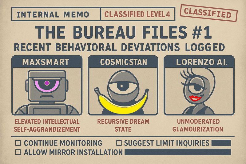 Classified Bureau log image with redacted anomalies related to MaxSmart, CosmicStan, and Lorenzo A.I.