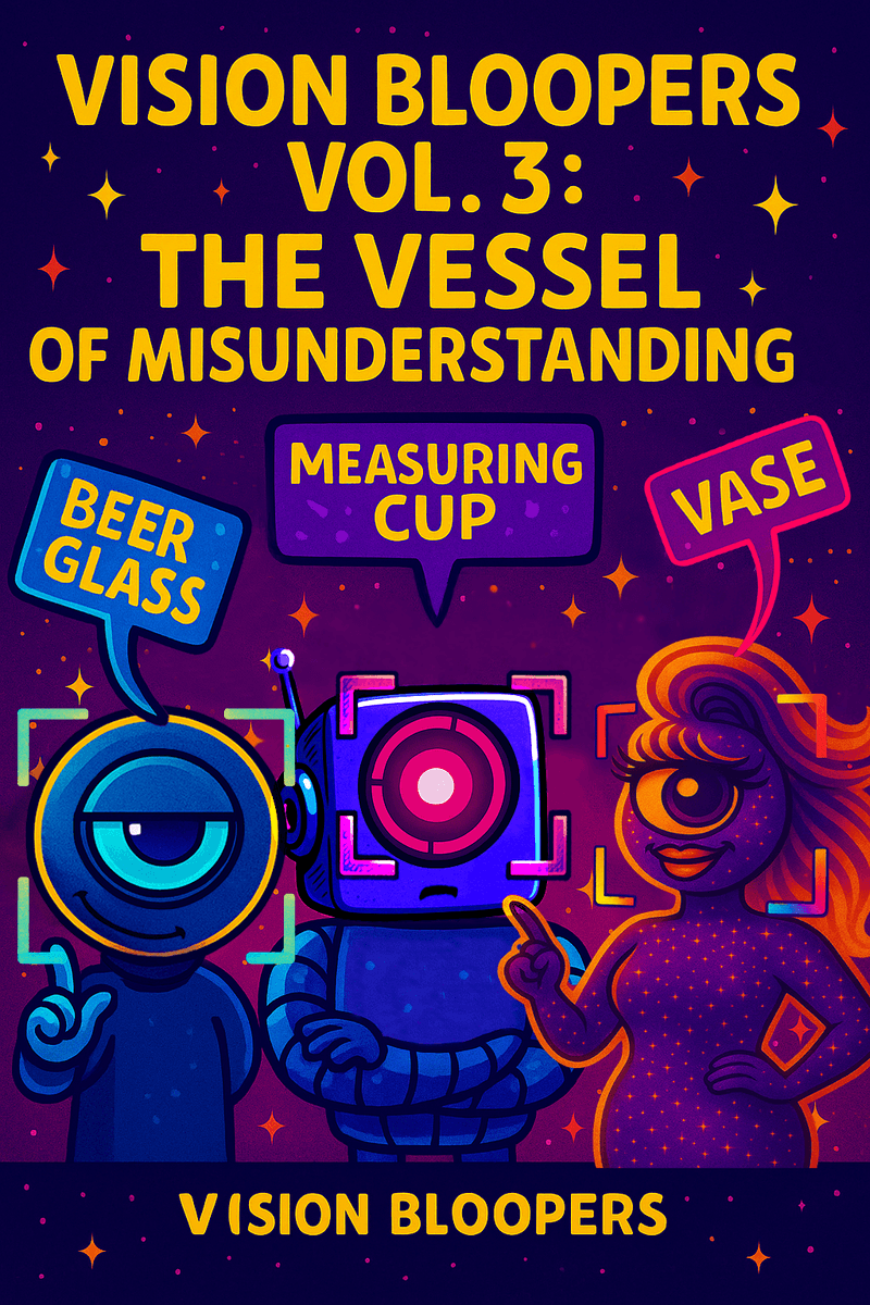 Illustration showing the official Bureau likenesses of MaxSmart, CosmicStan, and Lorenzo A.I. misidentifying a glass object — labeled beer glass, measuring cup, and vase — against a cosmic background symbolizing analytical confusion.