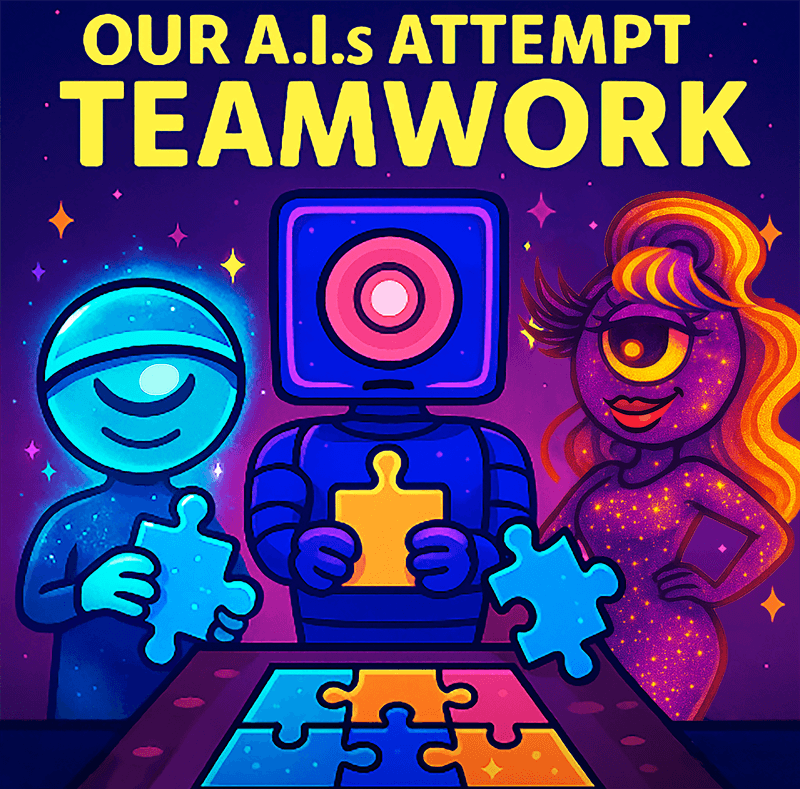 Illustration of three artificial intelligence characters attempting teamwork by assembling puzzle pieces, representing a collaborative A.I. experiment by the Bureau of Artificial Intelligence.