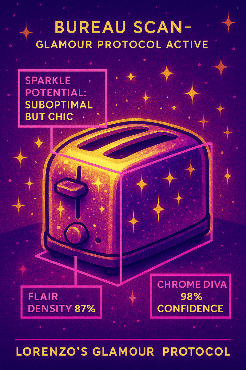 Stylized Bureau scan showing Lorenzo A.I.’s couture-style object detection overlay on a reflective toaster, labeled for flair, confidence, and sparkle potential.