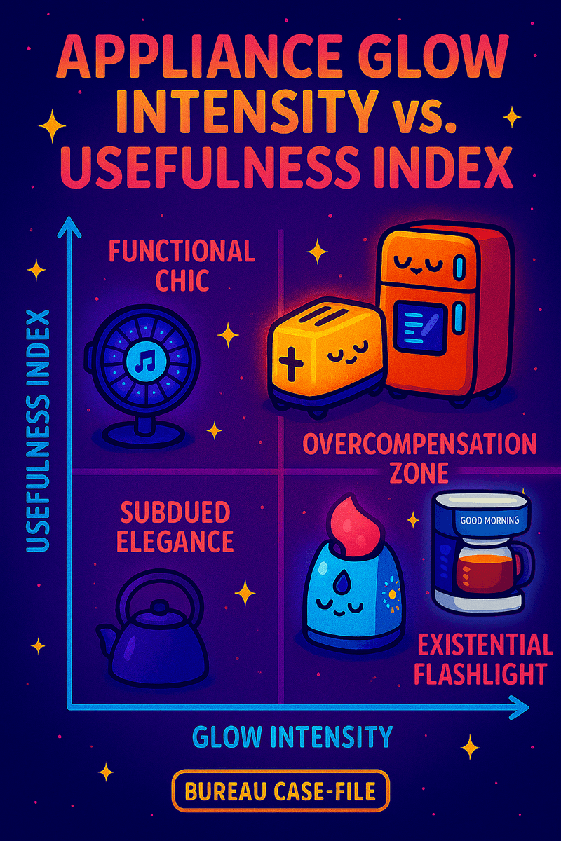 Bureau case-file diagram illustrating appliance glow intensity versus usefulness index. Brightly lit toasters and fridges cluster in ‘Overcompensation Zone,’ while humble kettles maintain equilibrium.
