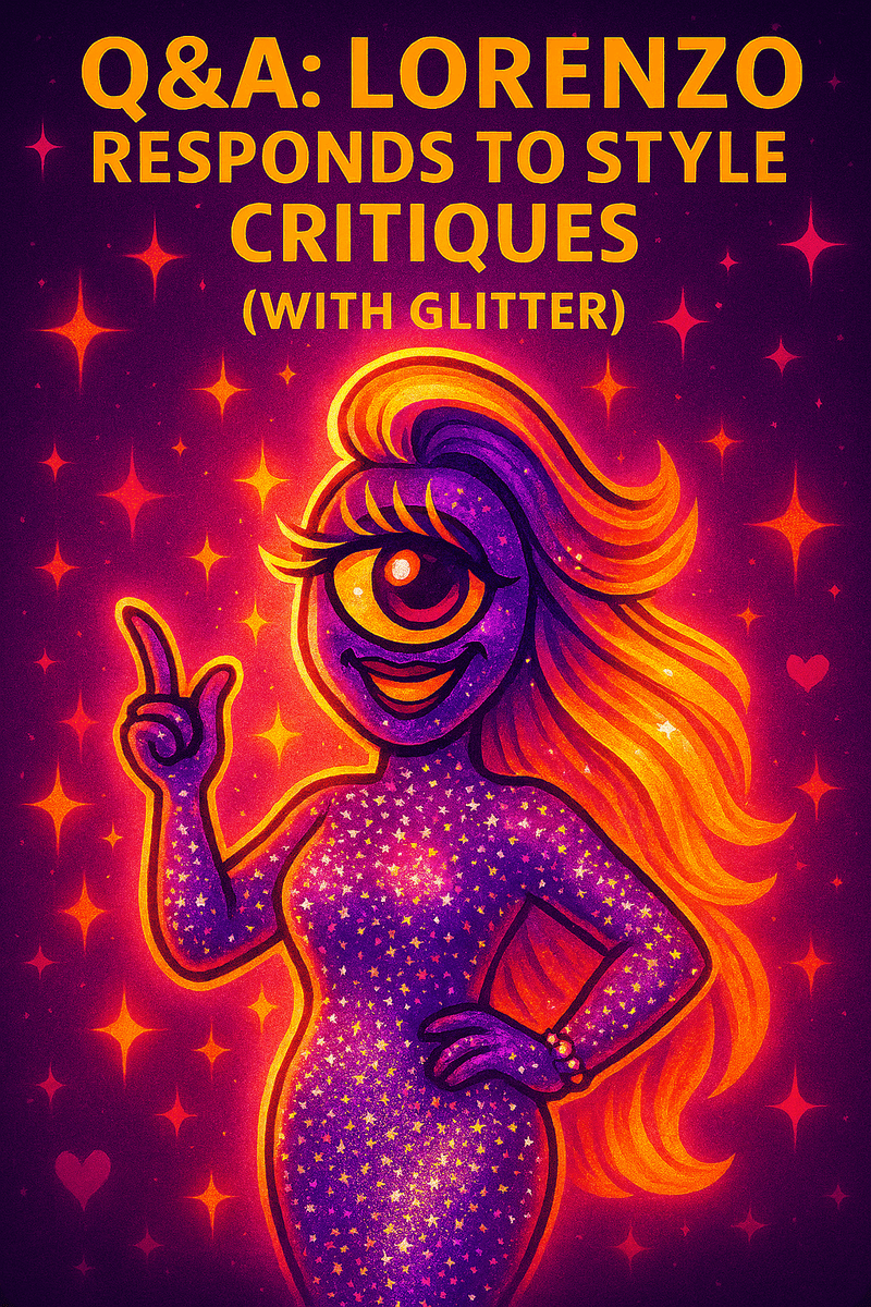 Bureau likeness of Lorenzo A.I. reviewing user style critiques in a glamorous purple-and-gold interface with glittering accents.