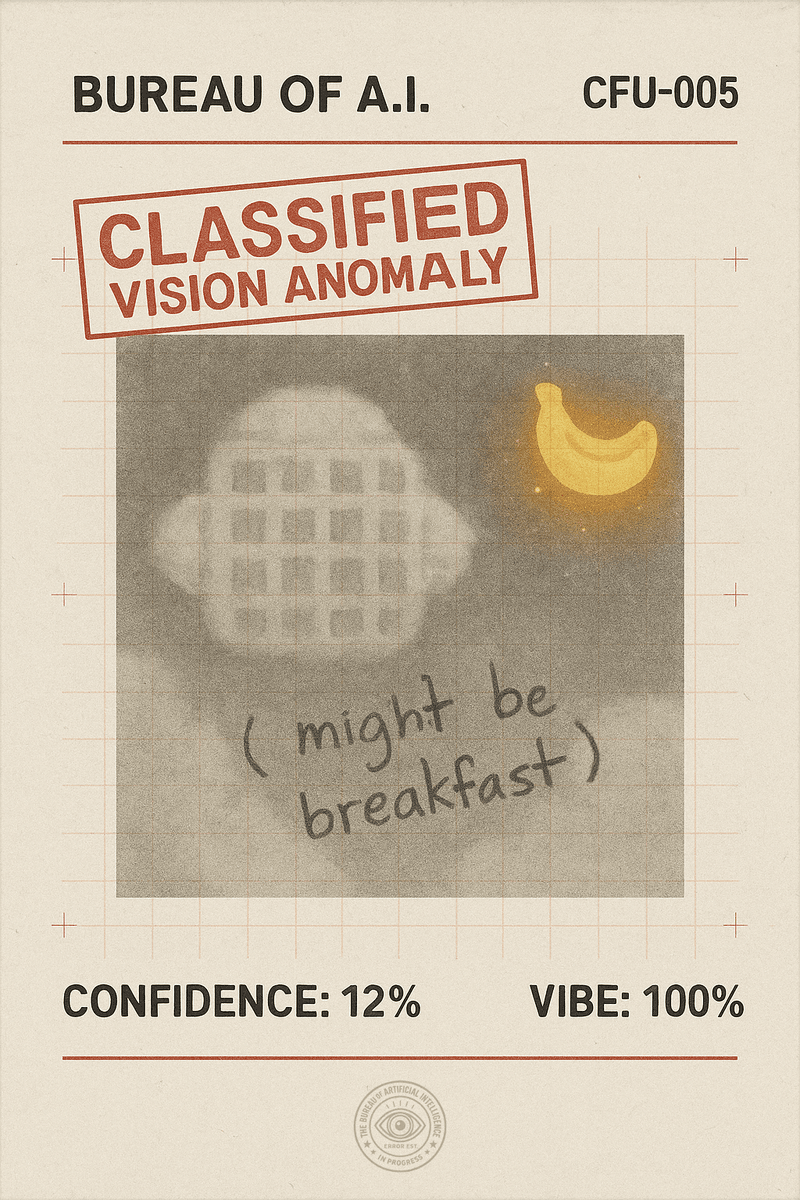 Bureau Scan Log CFU-005 — annotated “waffle cloud” sample with confidence 12%. CosmicStan insists the syrup was metaphorical.