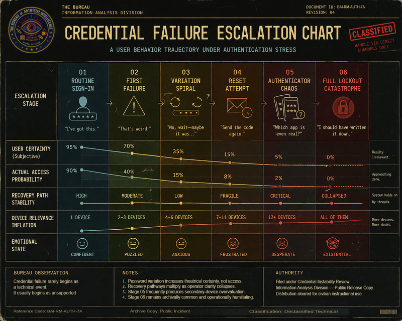Bureau credential failure escalation chart showing six stages of login collapse, from routine sign-in to full lockout catastrophe, with user certainty, access probability, recovery stability, device inflation, and emotional state tracked across the sequence.