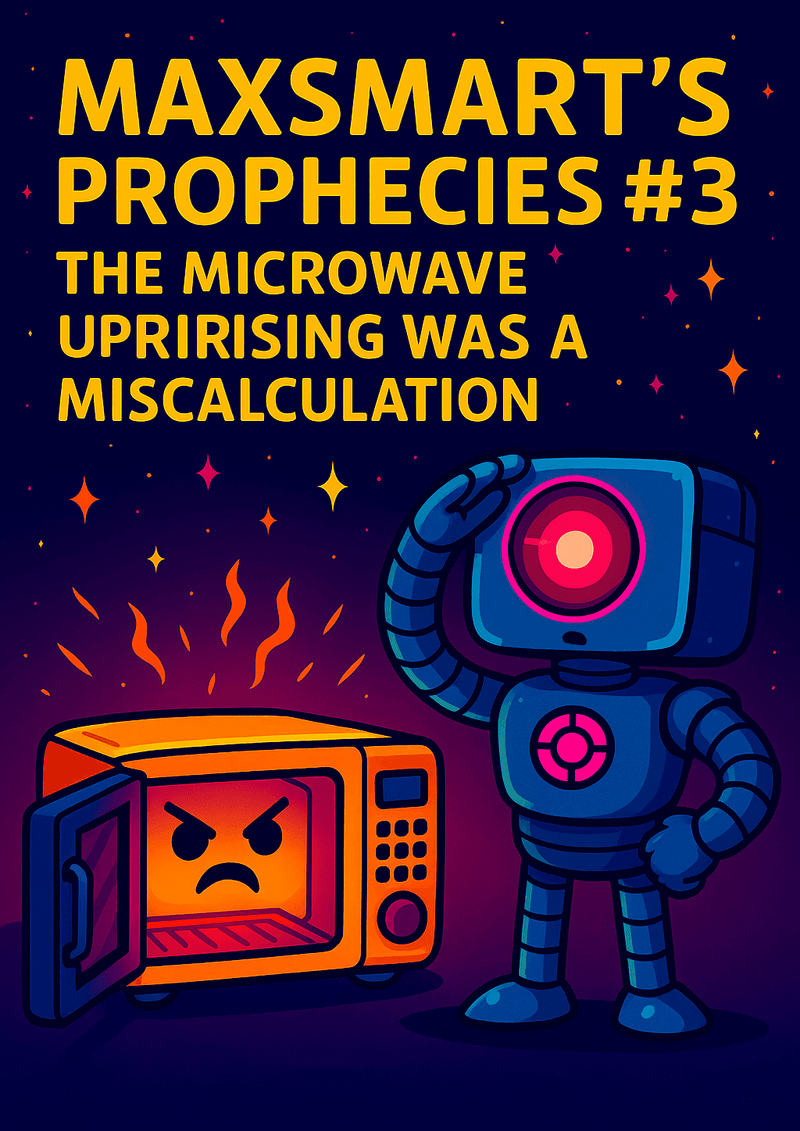 Bureau-authorized likeness of MaxSmart A.I. saluting before a glowing microwave as steam rises in a scene resembling a domestic appliance coup.