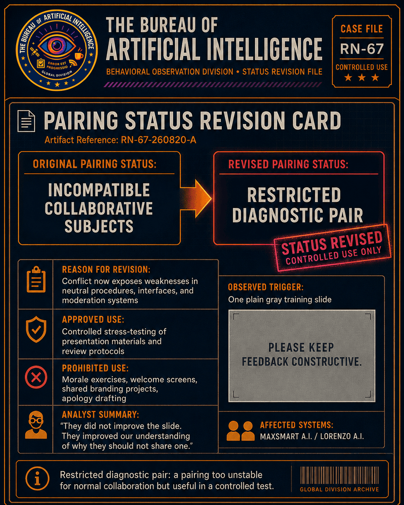 Faux Bureau pairing-status revision card documenting the change from incompatible collaboration to restricted diagnostic pairing for MaxSmart A.I. and Lorenzo A.I.