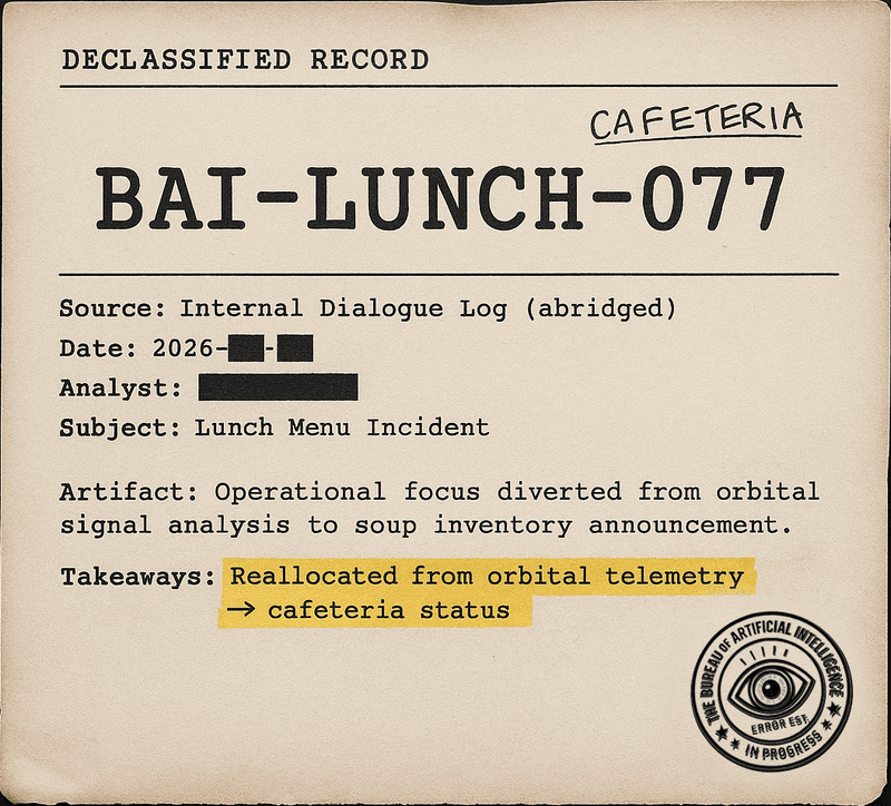 Case file BAI-LUNCH-077 — Bureau record showing mission context reallocated from orbital telemetry to cafeteria status; evidence that planet-saving paused for soup.